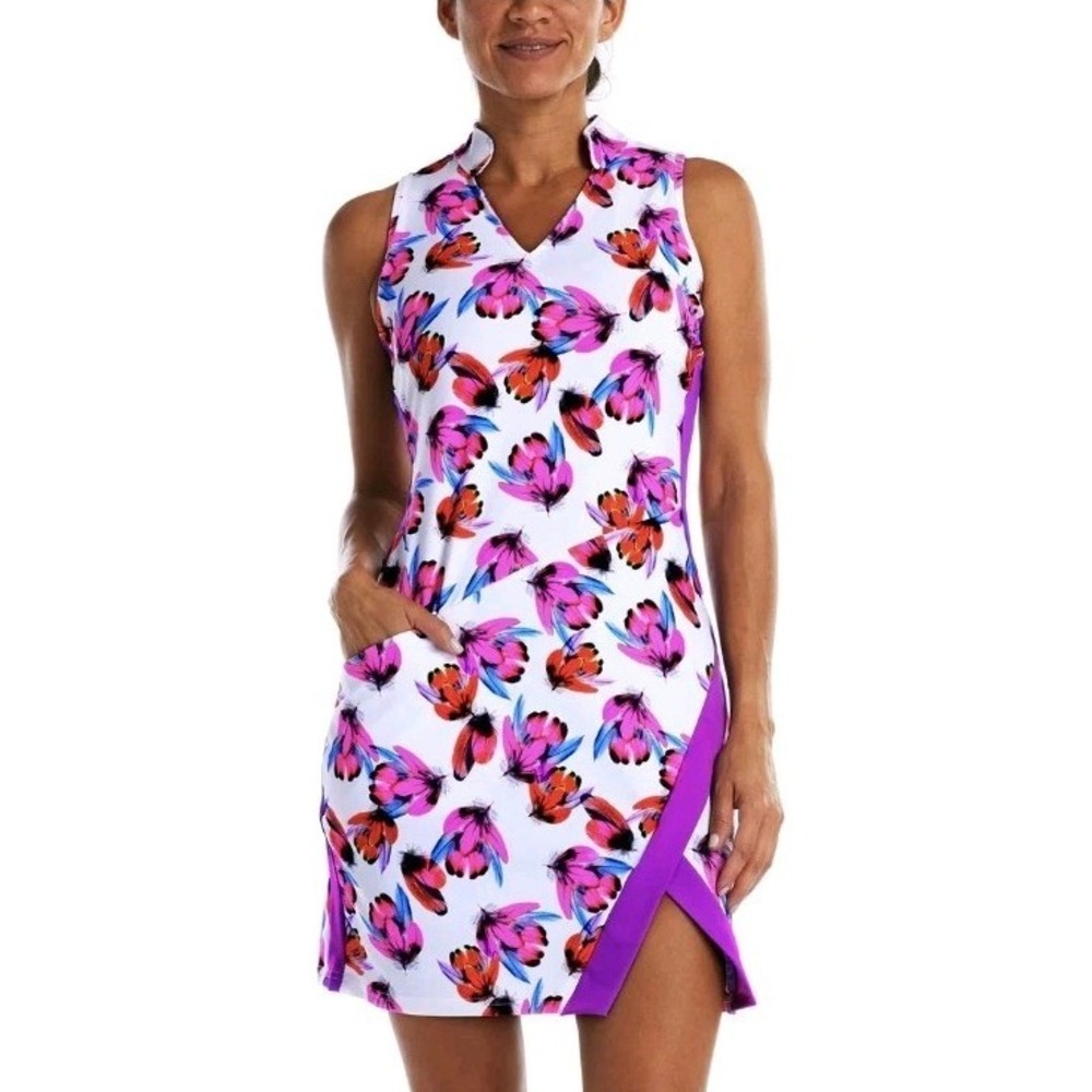 TZU TZU Sport Kaia Flutter Sleeveless V Neck Golf Dress Butterfly White Women XS